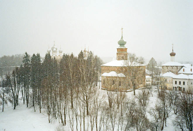 view from the northeast tower to the church of Saint Boris and Gleb